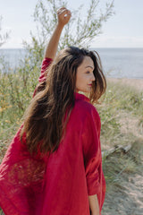 Women's Oversized Linen Shirt - Garnet Red