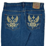 Winged Heart Embroidery On Back Pockets Soulland Hip Hop Jeans - 40W 28L Blue Cotton