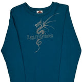 Dragon Graphic Harley Davidson Graphic Long Sleeve T-Shirt - Medium Blue Cotton