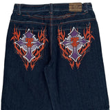 Cross And Flames Jinzu Graphic Denim Shorts - 34W 13L Dark Wash Cotton