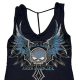 Skull And Wings Harley Davidson Graphic Tank Top - Small Blue Polyester