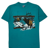 Wildlife Print Hanes Single Stitch T-Shirt - Large Blue Cotton Blend