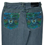 Embroidered Patches Jinzu Graphic Jeans - 33W 34L Blue Cotton