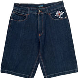 Cross And Flames Jinzu Graphic Denim Shorts - 34W 13L Dark Wash Cotton