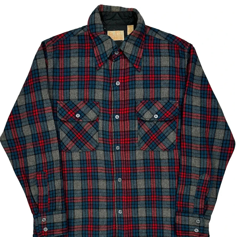 Sears Checked Flannel Shirt - Medium Blue Wool Blend