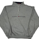 Spellout Tommy Hilfiger 1/4 Zip - XL Grey Cotton Blend
