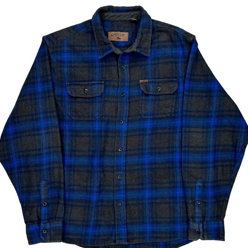 Orvis Checked Flannel Shirt - XL Blue Cotton
