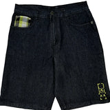 Plaid Pocket Detail Red Ape Denim Shorts - 34W 12L Dark Wash Denim