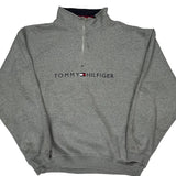 Vintage Spellout Tommy Hilfiger 1/4 Zip - XL Grey Cotton Blend