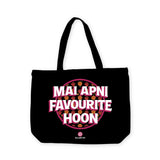 Black tote bag with pink and white text on a white background