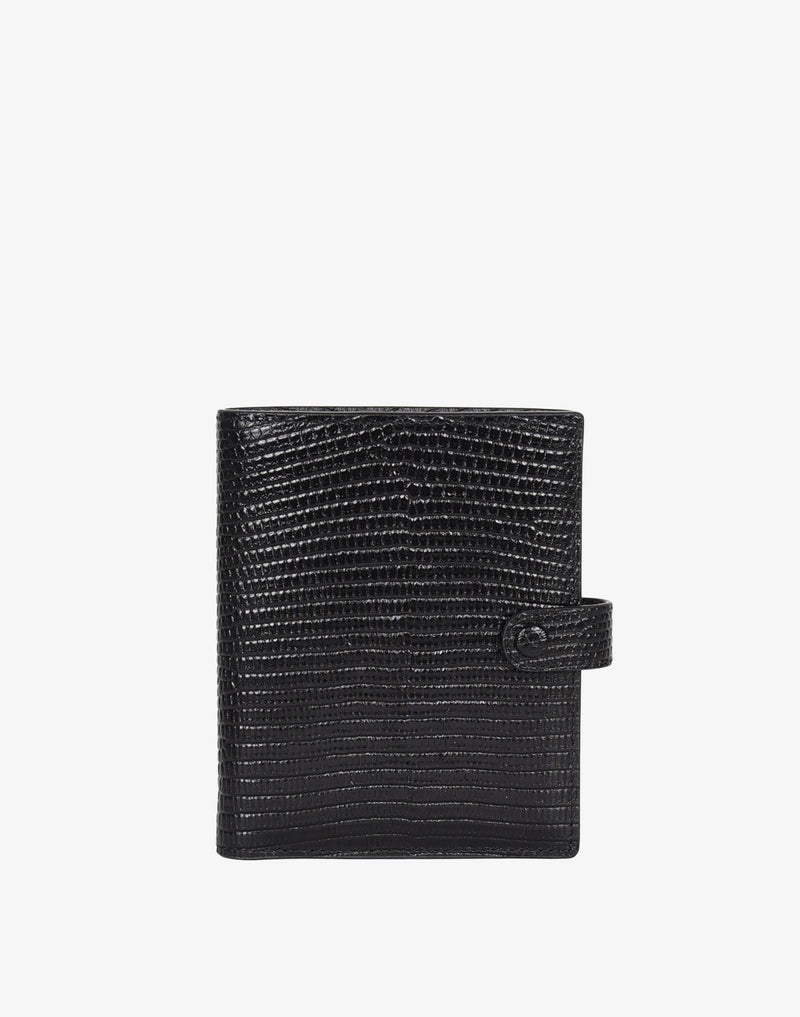 hyer goods recycled leather travel passport wallet with zipper pocket embossed black lizard#color_black-lizard