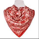 Anyyou Fashion Premium Satin Square Scarf – Red Beige Print Silk-Feel Neckwrap for Women