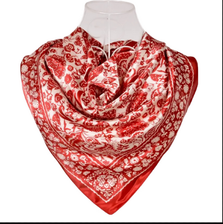 Anyyou Fashion Premium Satin Square Scarf – Red Beige Print Silk-Feel Neckwrap for Women
