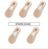 Anyfootwear 5 Pairs Women's Lace Flower Invisible Ankle Socks Size 5-9 Khaki Breathable Anti-Slip Non-Skid Low Cut Fashion Socks