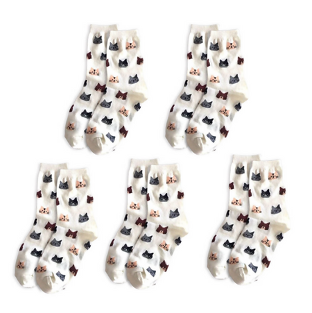 Anyfootwear 5 Pairs White Cat Cotton Long Socks Size 5-9 High Quality Fashion Casual Office Sports Skateboard Knitted Crew Socks for Women