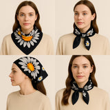 Anyyou Fashion Premium Satin Square Scarf -Black Daisy Silk-Feel Neckwrap for Women