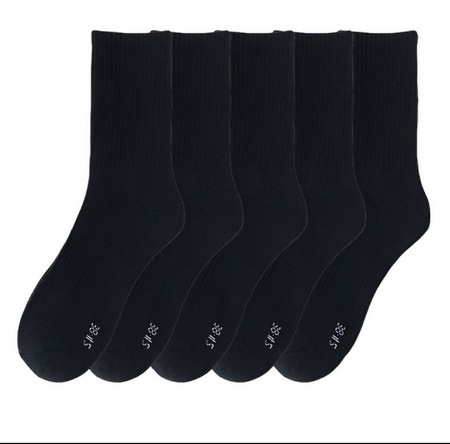 Anyfootwear 5 Pairs Size 10-14 Fashion Socks High Quality Office Sports Business Long Socks Cotton Solid Colors Skateboard Knitted Casual Black Size 43-48