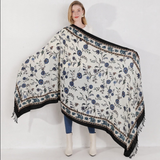 Anyyou 100% Merino Wool Blue Flower Design Silk Satin Large Winter Scarf Pashmina Shawl Bandana Perfect For Women Ladies Fashion Style
