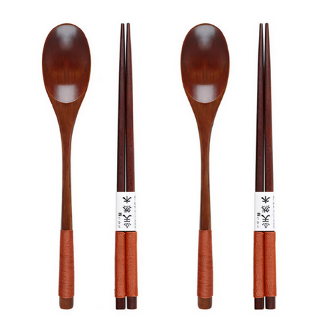 Anygleam Brown 4pcs Wooden Chopsticks and Long Ladle Set Reusable Kitchen Tableware