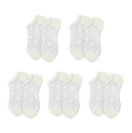 Anyfootwear 5 Pairs White Heart Tulle Glass Silk Knee Socks Size 5-9 Transparent Thin Mesh Full Nylon Fashion Socks Comfortable Breathable for Women