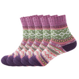 Anyfootwear 5 Pairs Size 5-9 Women Thick Warm Wool Cotton Socks Purple National Wind Flower Design Casual Winter Cozy Crew Socks Fashion Foot Accessories