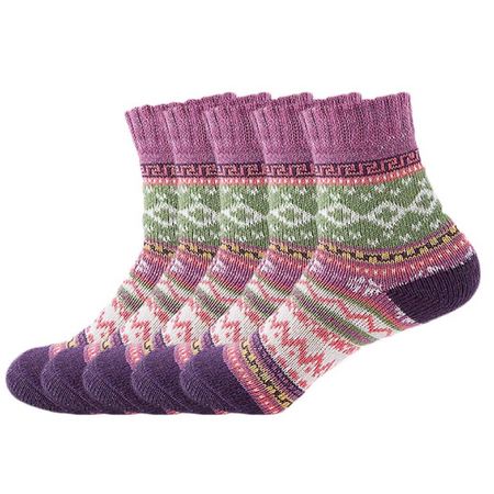 Anyfootwear 5 Pairs Size 5-9 Women Thick Warm Wool Cotton Socks Purple National Wind Flower Design Casual Winter Cozy Crew Socks Fashion Foot Accessories