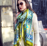 Anyyou 100% Pure Merino Wool Poncho Scarf for Women – Green Garden Vines Pattern Oversized Winter Pashmina Shawl Wrap