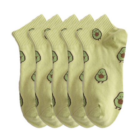 Anyfootwear 5 Pairs One Size 5-9 Yellow Spring Summer Cotton Avocado Design Breathable Ankle Socks Casual School Girl Socks For Women