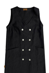 Women black linen dress - Button
