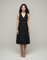 Women black linen dress - Button