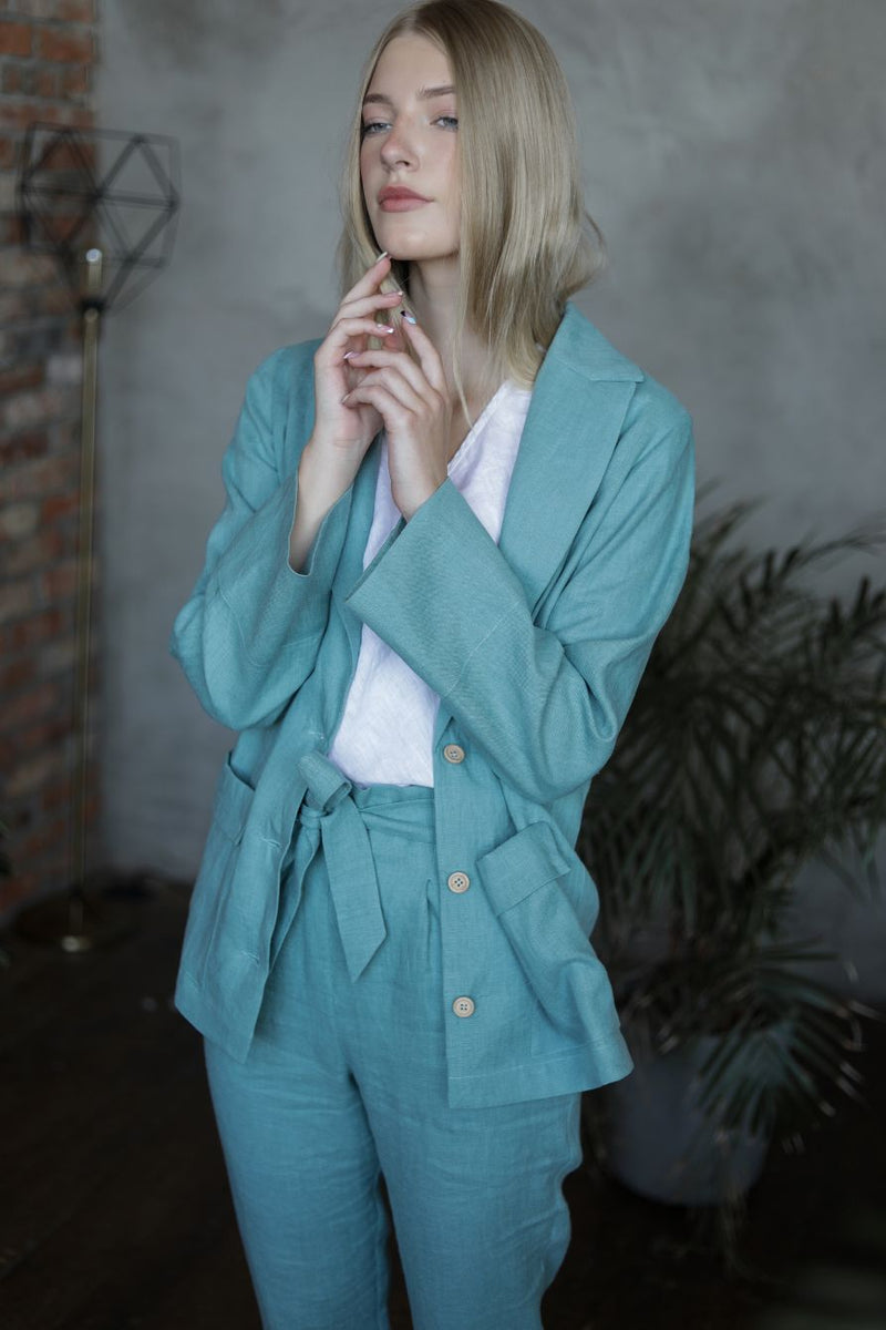 Women linen blazer - Sea Blue