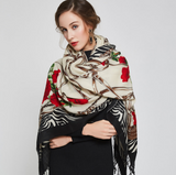 Anyyou 100% Pure Merino Wool Beige Rose Pattern Stylish Poncho Winter Large Scarf With Trendy Pashmina Shawl Bandana For Womenfashion Design
