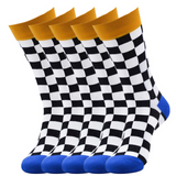 Anyfootwear 5 Pairs Size 5-14 Women Fashion Socks Cotton Skateboard Square Pattern Black White Dark Blue Novelty Crew Socks Casual Sports Socks
