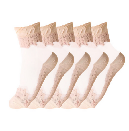 Anyfootwear 5 Pairs Women's Transparent Lace Socks Size 5-9 Breathable Silk Crystal Glass Stretch Embroidery Summer Fashion Socks Beige