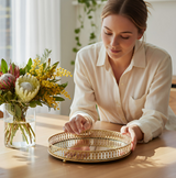 ANYHOUZ Gold Round Glass Mirror Tray with Metal Handle – Vanity Organizer for Food, Jewelry & Cosmetics