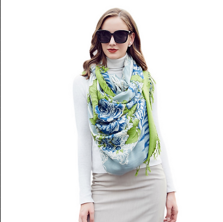 Anyyou 100% Merino Wool Green Blue White Silk Satin Large Winter Scarf Pashmina Shawl Bandana Perfect For Women Ladies Fashion Style