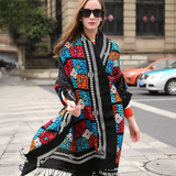 Anyyou 100% Pure Merino Wool Poncho Scarf for Women – Black Mosaic Pattern Oversized Winter Pashmina Shawl Wrap