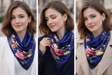 Anyyou Fashion Premium Satin Square Scarf –Floral Blue Print Silk-Feel Neckwrap for Women