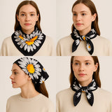Anyyou Fashion Premium Satin Square Scarf -Black Daisy Silk-Feel Neckwrap for Women