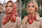 Anyyou Fashion Premium Satin Square Scarf – Red Beige Print Silk-Feel Neckwrap for Women