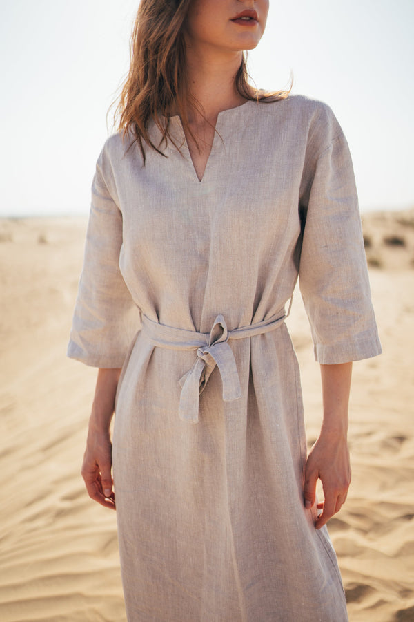Aria - Straight Belted Midi Linen Dress