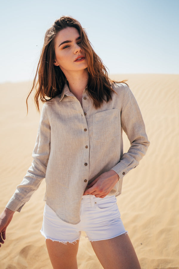 Natural button down long sleeve 100% linen shirt for women.