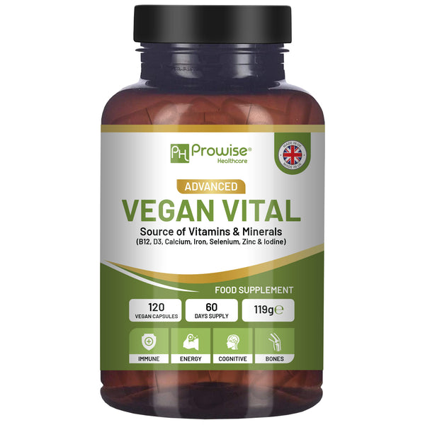 Vegan Vital Multivitamins and Minerals | 120 Vegan Multivitamin Capsule | Calcium, Vitamin B12, Vitamin B2, Vitamin D3, Selenium, Iodine, Zinc & Iron | by Prowise Healthcare
