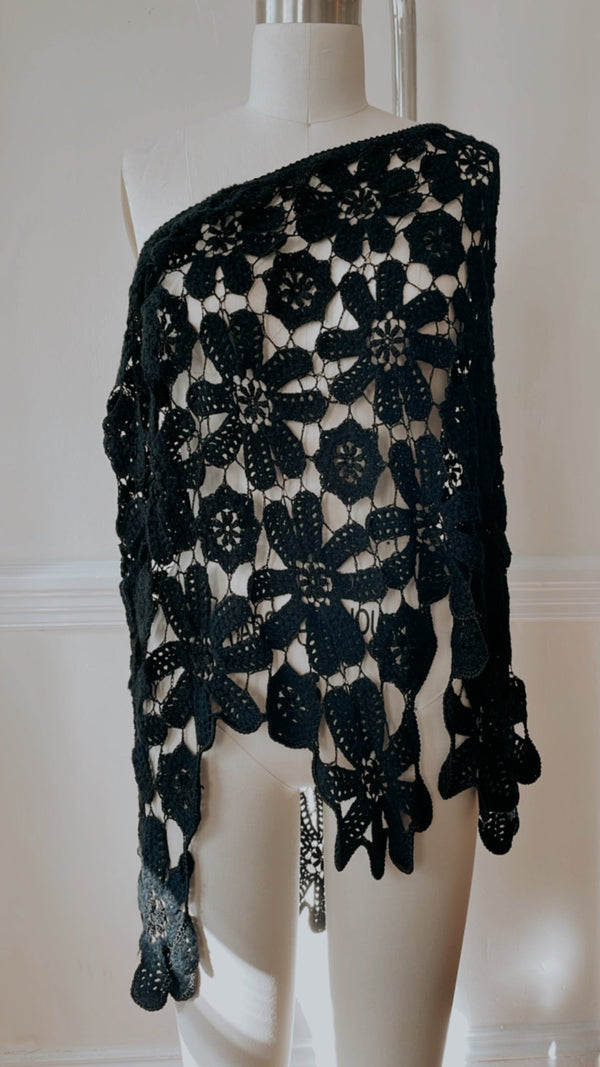 Crocheted black floral poncho