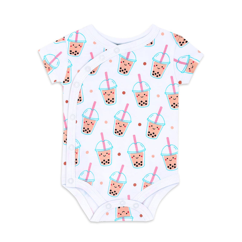 the wee bean organic cotton baby onesies in boba with kimono side snap buttons