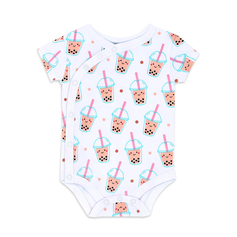 the wee bean organic cotton bodysuit onesie romper kimono style in boba bubble tea