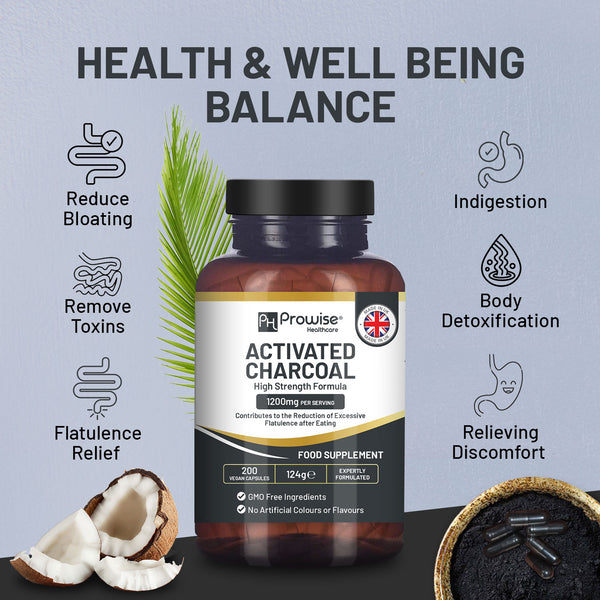 Activated Charcoal Capsules - 200 High Strength Vegan Capsules- 1200mg per serving- Made from Natural Coconut shells to Reduce Flatulence, Bloating & Indigestion I Made in the UK