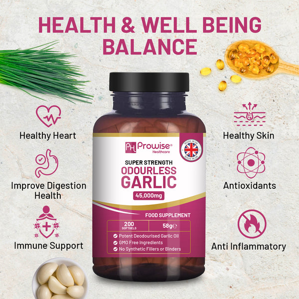 Premium Odourless Garlic Capsules - High Strength 45,000mg - 200 Softgels - Deodourised Premium Garlic Oil Extract from Allium Sativum - Made in UK by Prowise