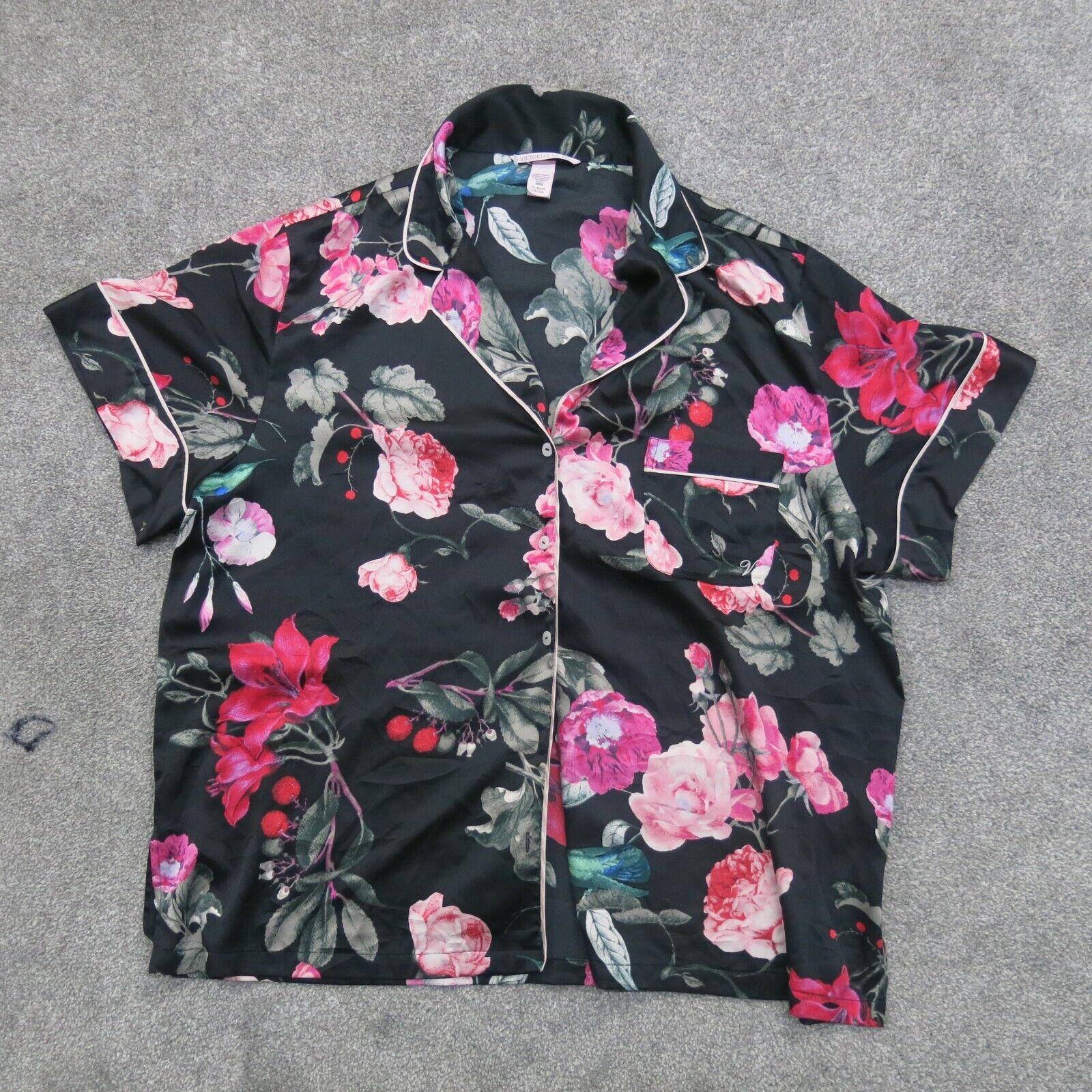 Victoria Secret Womens Floral Button Up Sleepwear Shirt Black Size