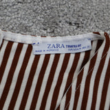 Zara Women V Neck Stripe Romper Short Sleeves Tie Waist White Maroon Size Medium